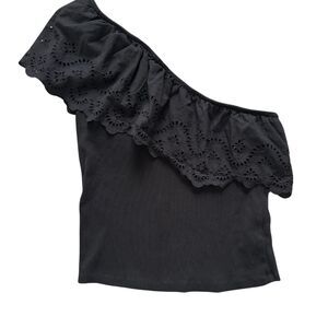 Old Navy Black Eyelet Ruffle One Shoulder Top Large